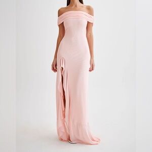 Meshki Audrey Off Shoulder Mesh Maxi Dress - Pale Pink XS
